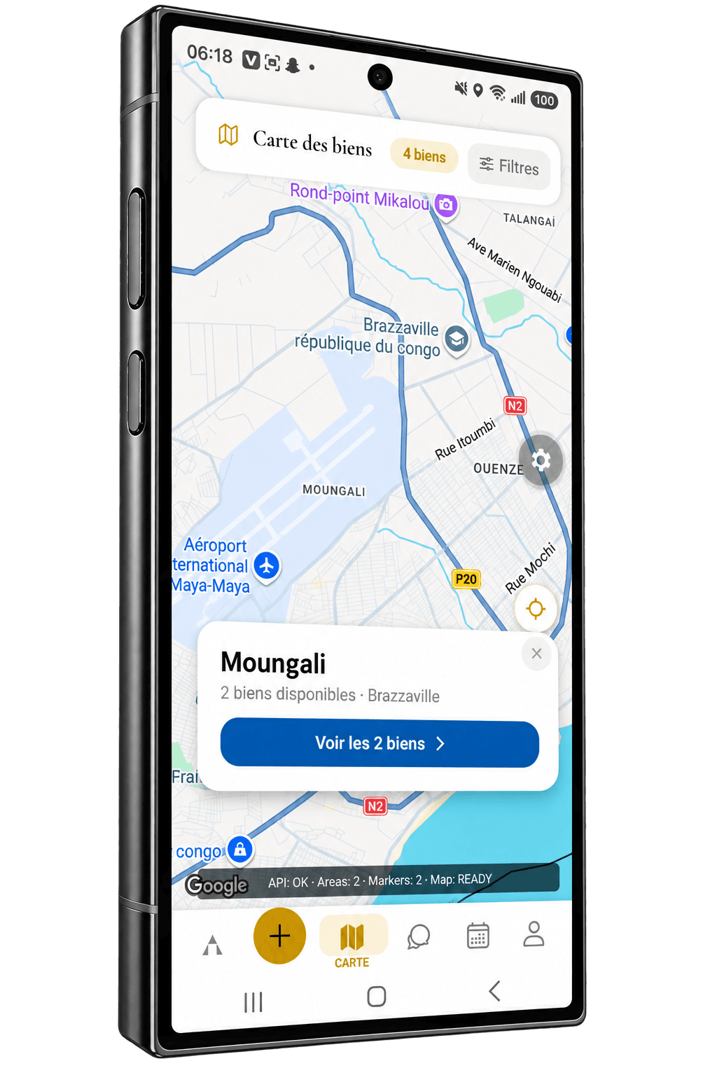 Carte des biens disponibles à Brazzaville dans l’application Altimmo