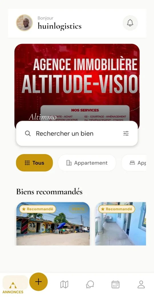 Écran d’accueil Altimmo avec la recherche et les biens recommandés